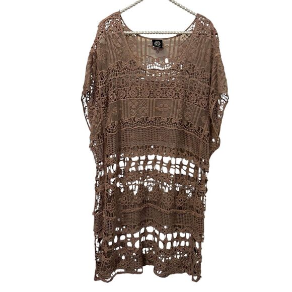 Bobeau Shirt Womens 3X Taupe Crochet Lace Sheer Tunic Cover Up Beach Boho Kimono - Picture 1 of 12